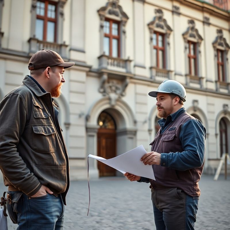 Dva řemeslníci v pracovním oblečení diskutují před barokní budovou v Olomouci